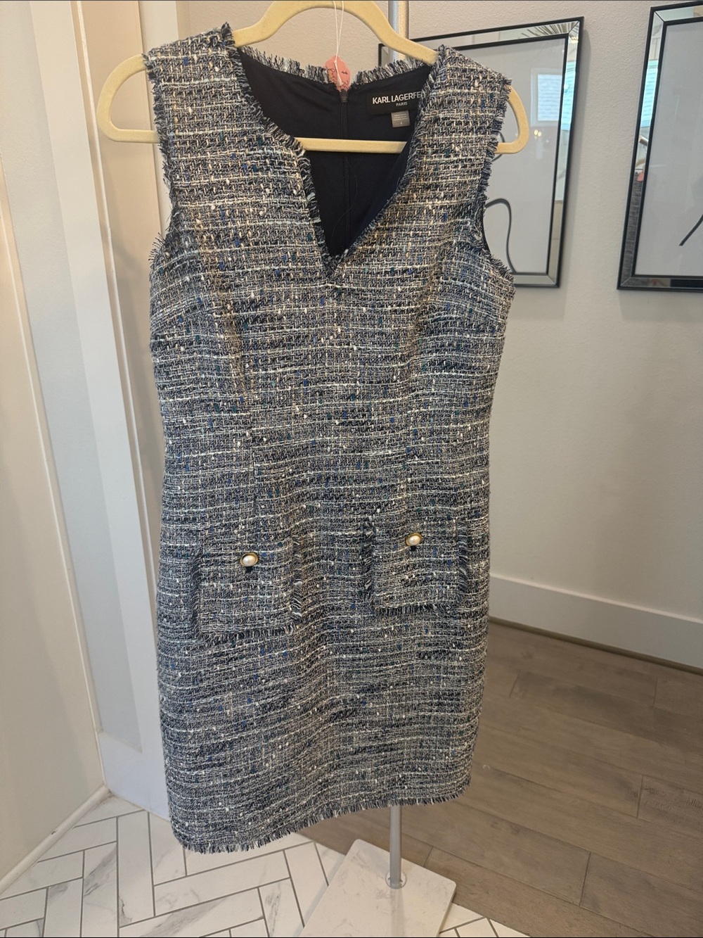 Karl Lagerfeld Navy and Silver Tweed Midi Sheath Dress